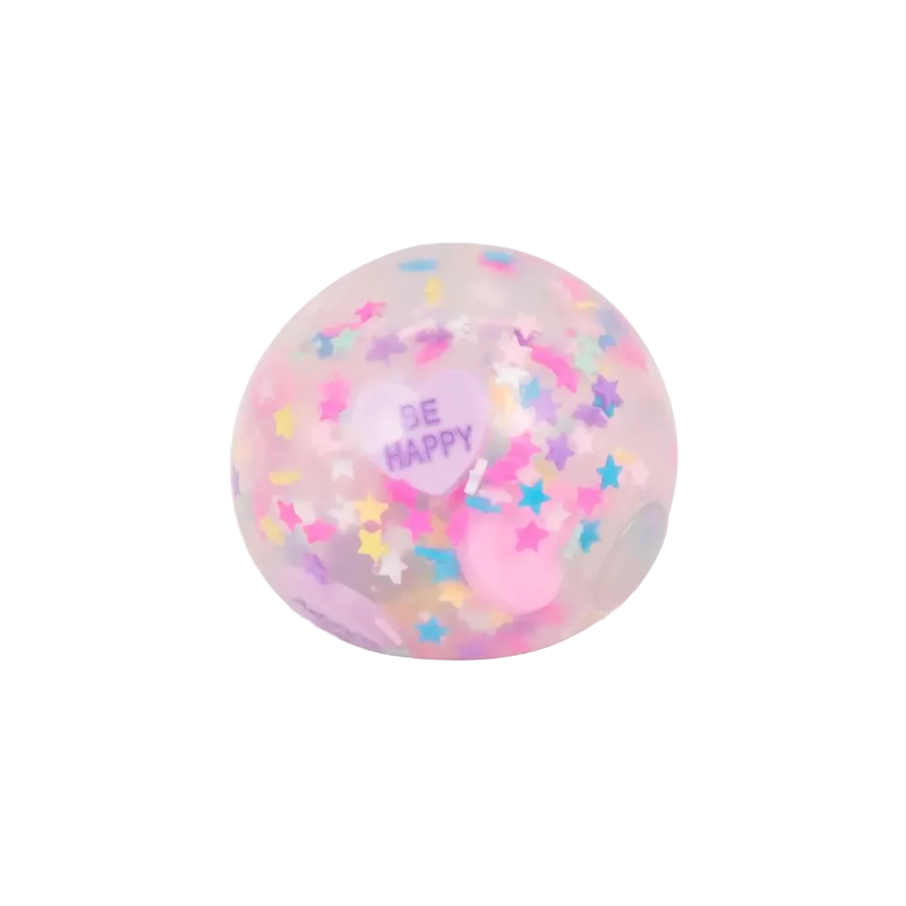 A translucent pink stress ball filled with pastel star confetti and a pink heart-shaped insert that reads 'BE HAPPY', shown on a clean white background.
