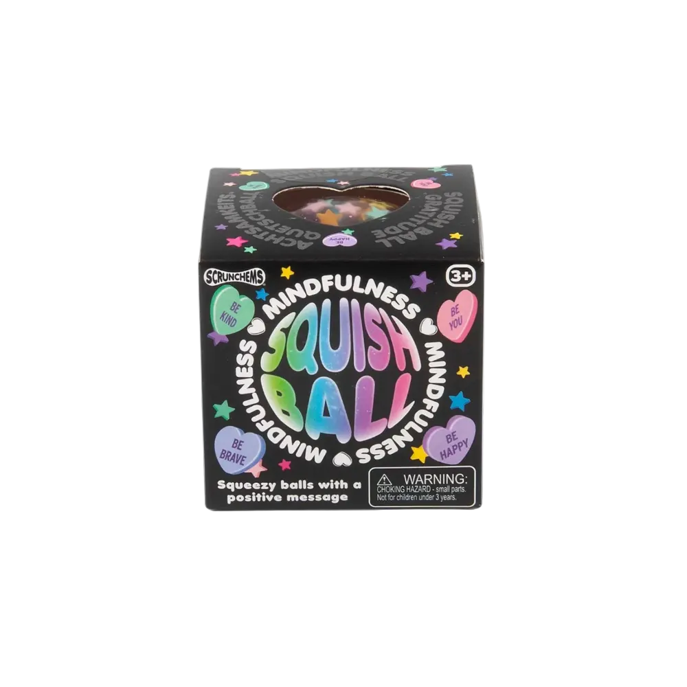 Scrunchems Mindfulness Squeish Ball toy in its original black packaging box, featuring colorful pastel gradient 'SQUEISH BALL' text and heart-shaped 'BE BRAVE', 'BE KIND', and 'BE HAPPY' message balls visible through the clear window.