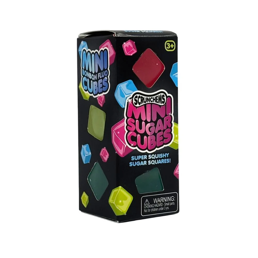 Scrunchems Mini Sugar Cubes toy packaging box, featuring a black background decorated with colorful 3D gem shapes and the product logo.