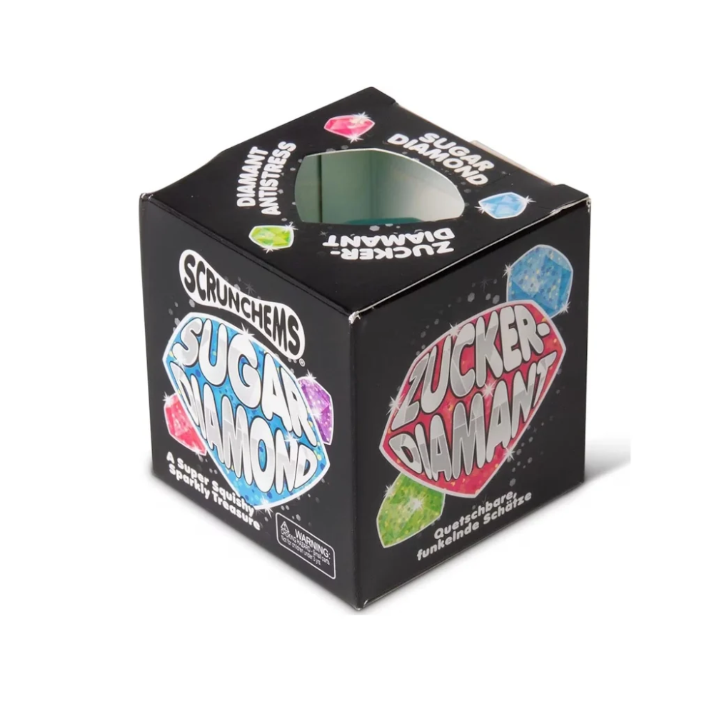 A black cardboard box for Scrunchems Sugar Diamond, featuring colorful diamond graphics and a clear window on top showing the green product inside.