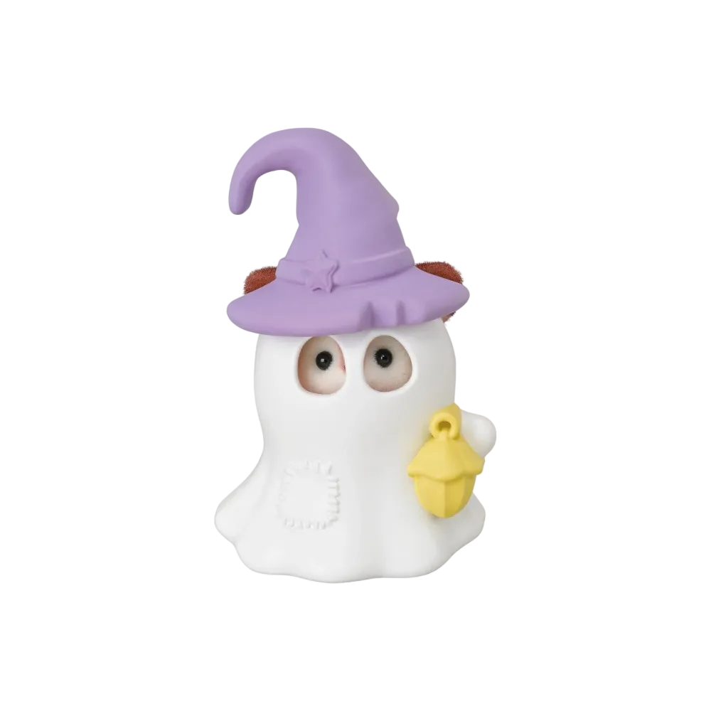 A white ghost-shaped novelty item with large cartoon eyes, wearing a purple wizard hat and holding a small yellow lantern, shown on a plain white background.