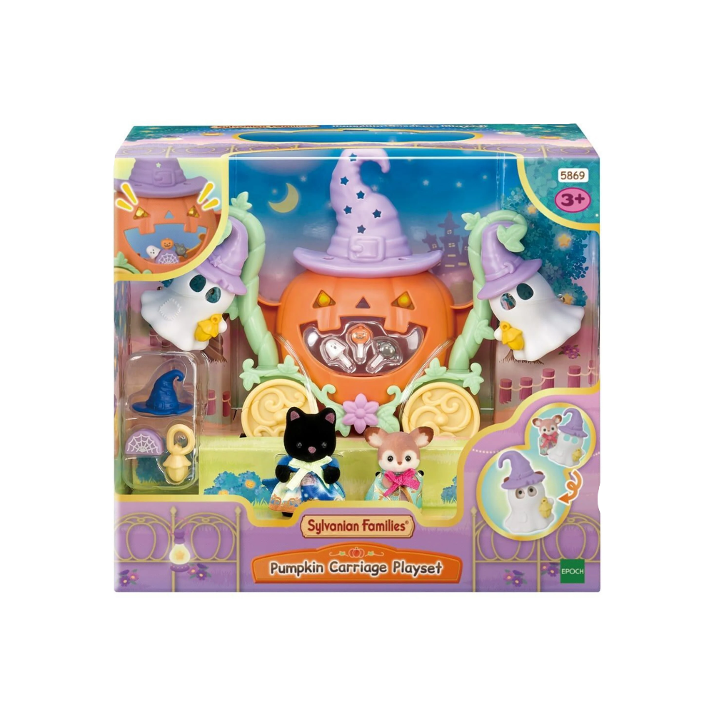 Sylvanian Families Halloween Pumpkin Carriage Playset in its original retail packaging, featuring a jack-o'-lantern carriage with a purple witch hat, ghost characters, and two small animal characters.
