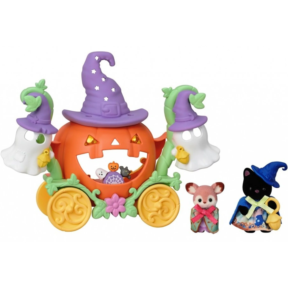A colorful Halloween-themed toy set featuring a jack-o'-lantern carriage with purple witch hats, white ghost figures, and two small animal figurines on a plain white background.