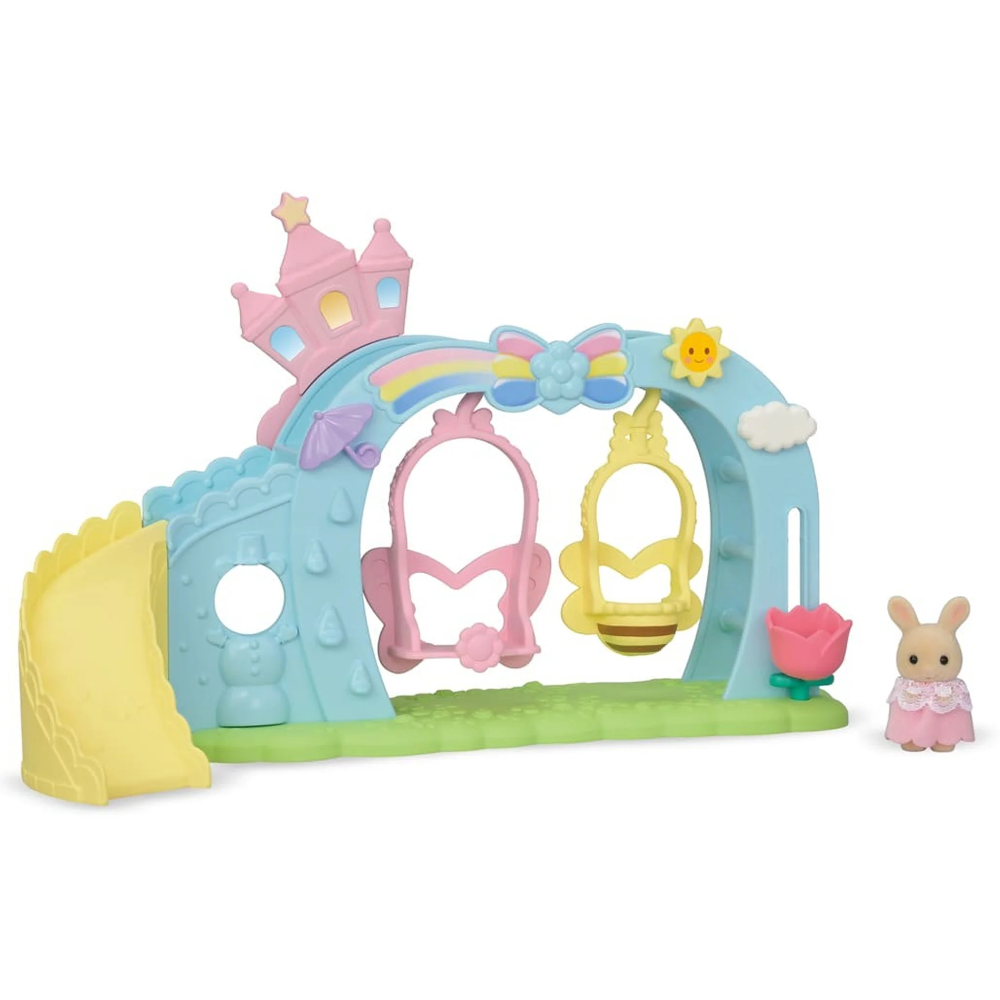 A pastel-colored children's toy playset featuring a castle-themed swing structure with two hanging swings, a yellow slide, a small bunny figure, and decorative accents on a white background.