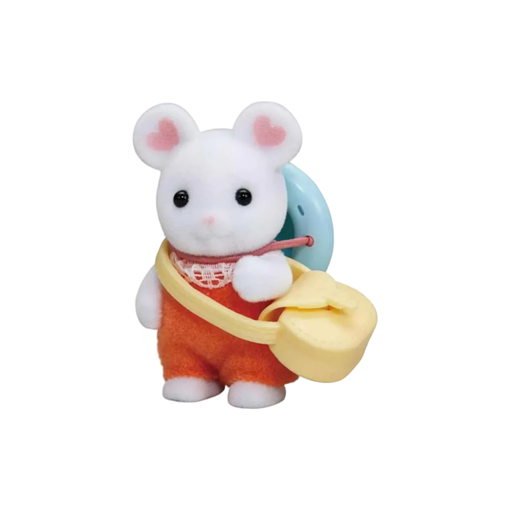 A Sylvanian Family pet toy animal character, specifically a white rabbit with pink heart-shaped ears, wearing orange overalls and holding a yellow purse, set against a plain white background.