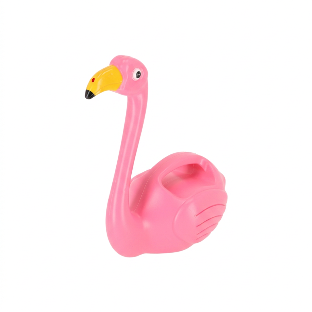 A pink flamingo-shaped plastic container or holder with a yellow beak, black tip, and small eye detail, shown on a plain white background.