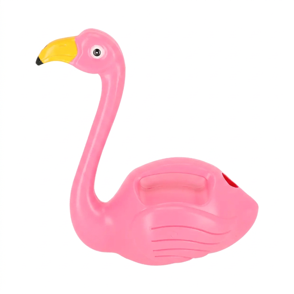 A pink flamingo-shaped pool float with a yellow beak and a small red tail detail, isolated on a white background.