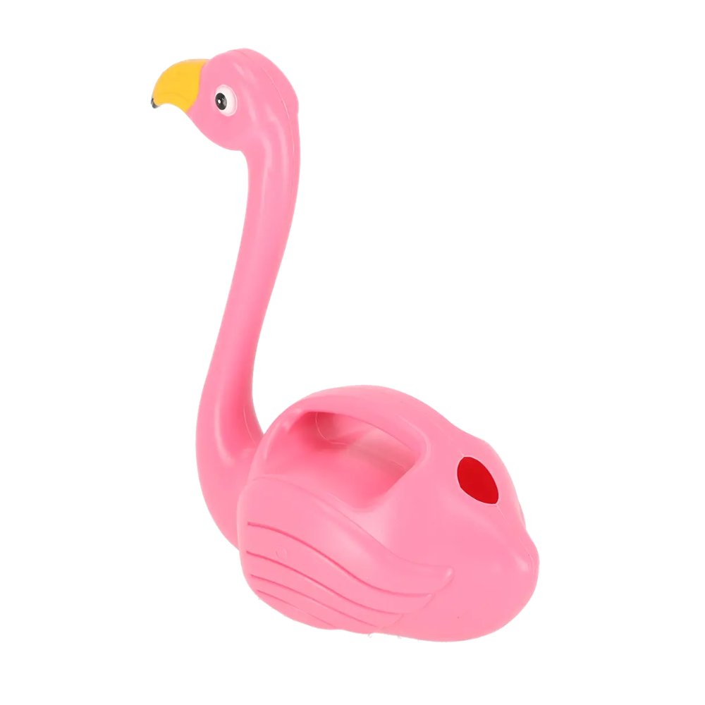 A pink flamingo-shaped baby teething toy with a yellow beak and small black eyes, shown on a plain white background.
