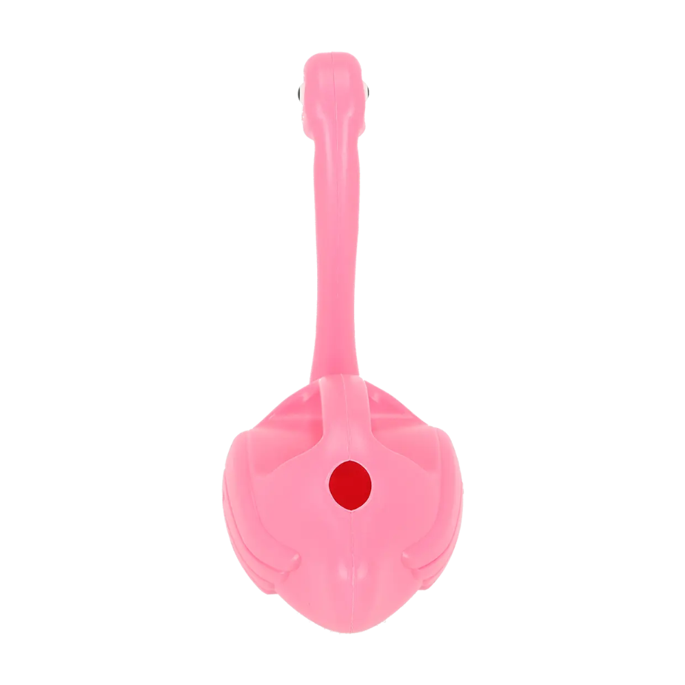 A pink plastic watering can shaped like a flamingo head and neck, shown from the back against a solid white background.