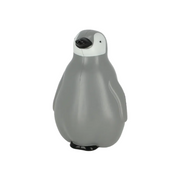 A gray penguin toy or figurine with a white chest, black beak and feet, photographed on a plain white background.