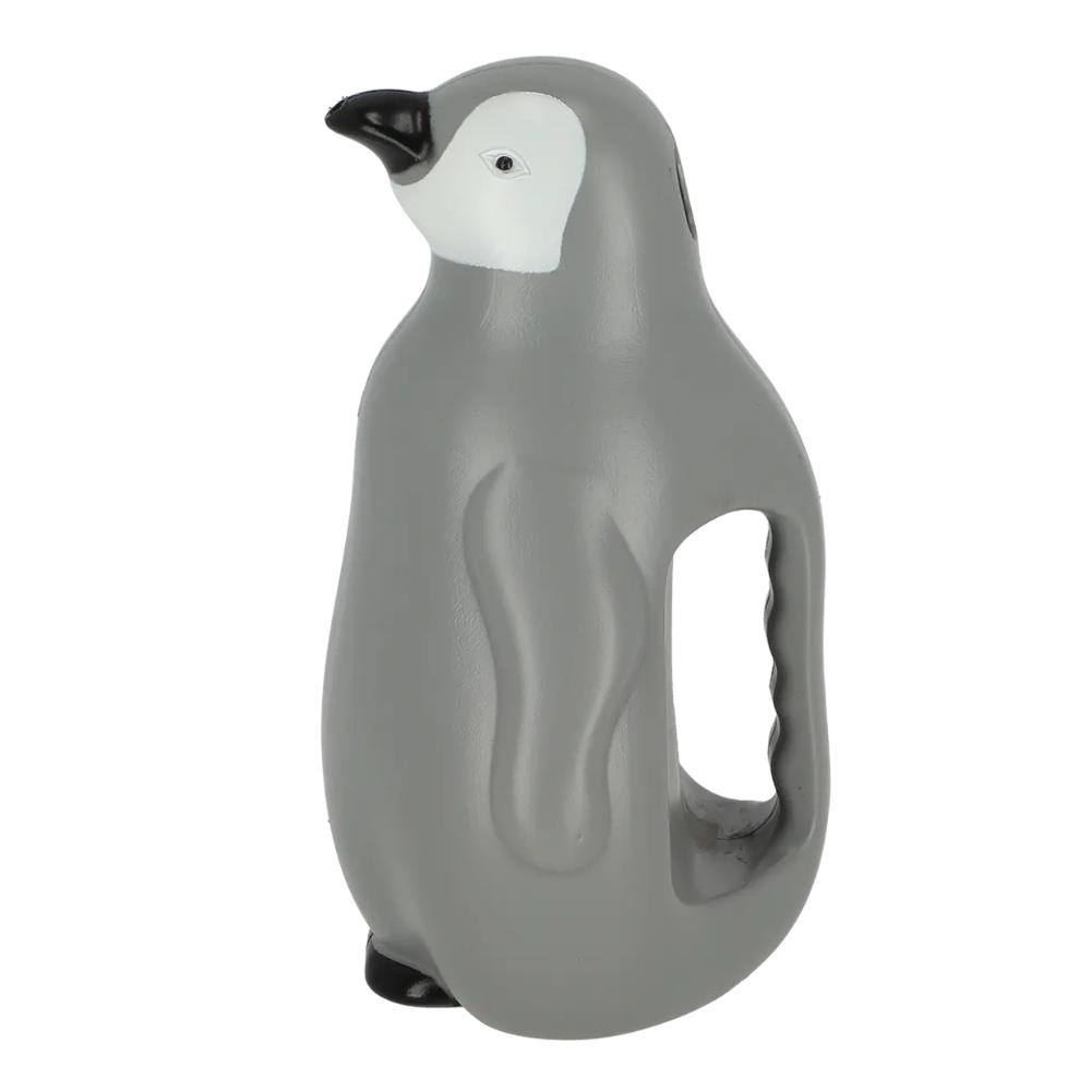 A gray penguin-shaped hand grip with a white face, black beak and feet, and a textured handle on the side, shown against a plain white background.
