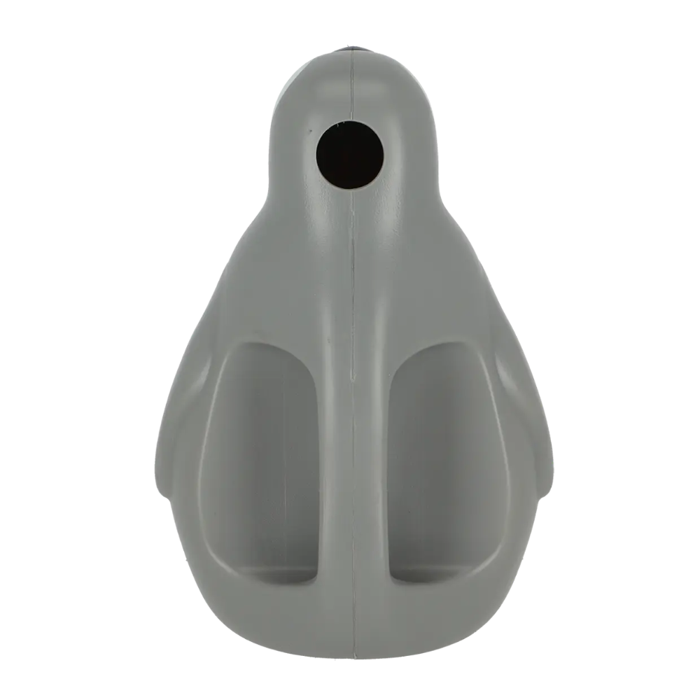 A gray penguin-shaped plastic object with a circular opening at the top and two recessed side compartments, shown against a plain white background.