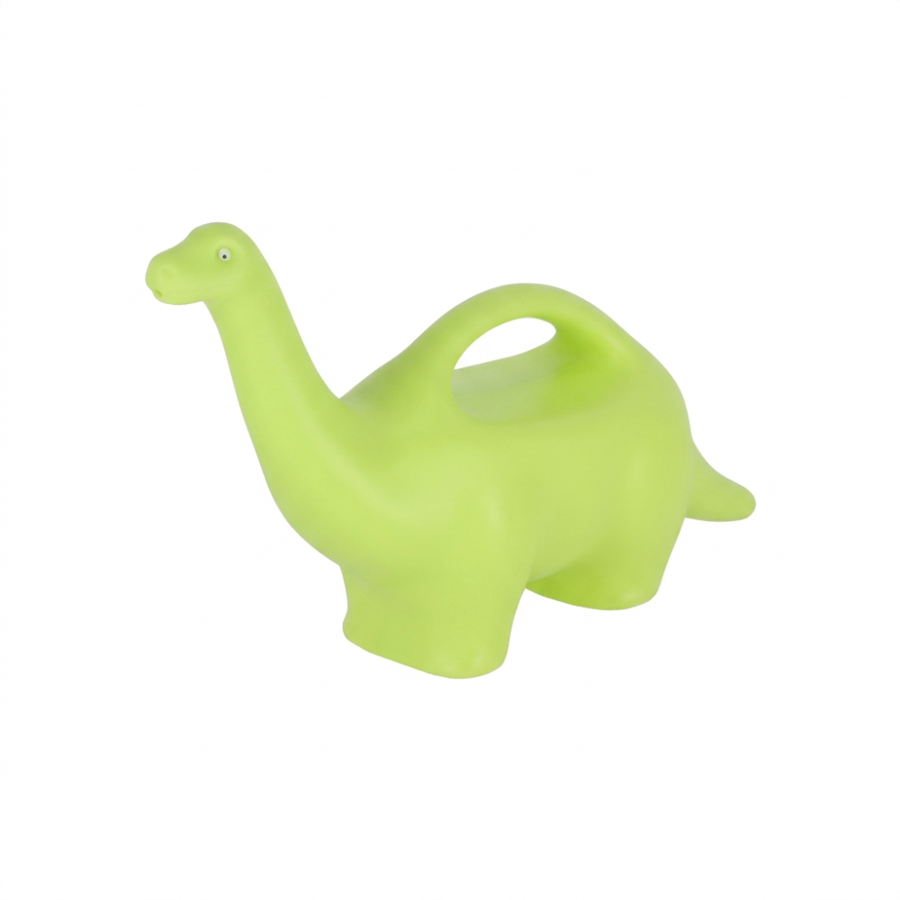 A bright lime green dinosaur-shaped chair with a built-in handle on its back, shown against a plain white background.