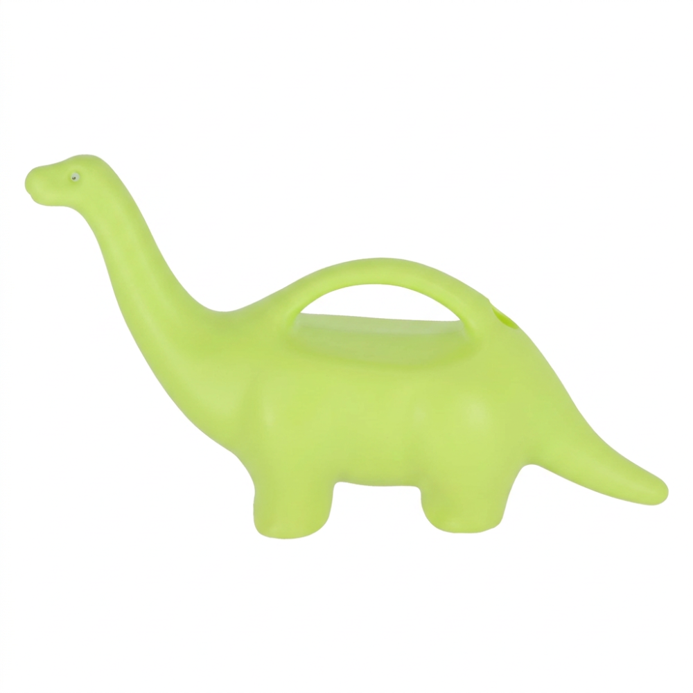 A lime green dinosaur-shaped baby teething toy with a long neck, four legs, and a handle on the back, shown against a plain white background.