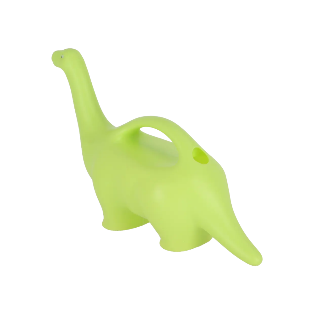 A bright lime green dinosaur-shaped watering can with a long neck and a handle on the back, shown on a plain white background.