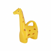 A yellow giraffe-shaped storage container with a handle on the back, featuring brown spots and a long neck, isolated on a white background.