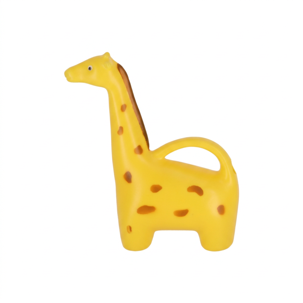 A yellow giraffe-shaped container with a handle on its back, featuring brown spots and a brown neck, isolated on a white background.