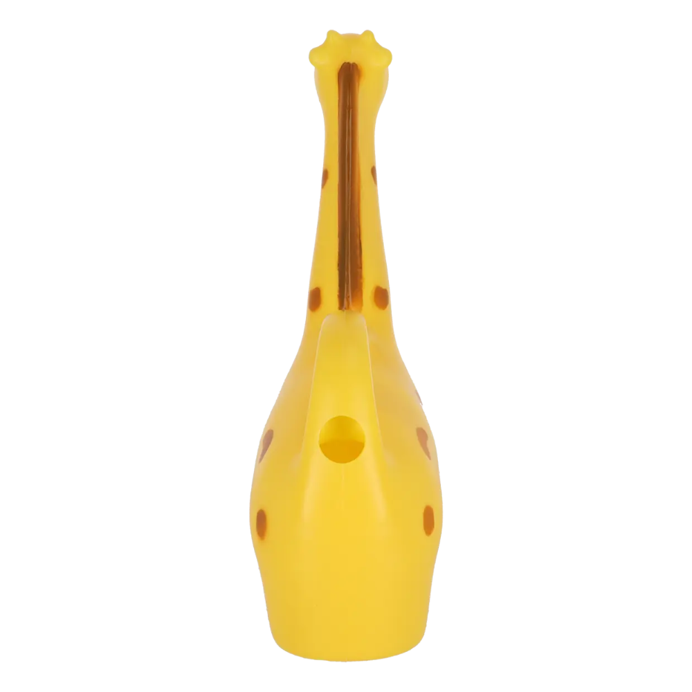 A yellow giraffe-shaped watering can with brown spots and a long neck, shown against a plain white background.