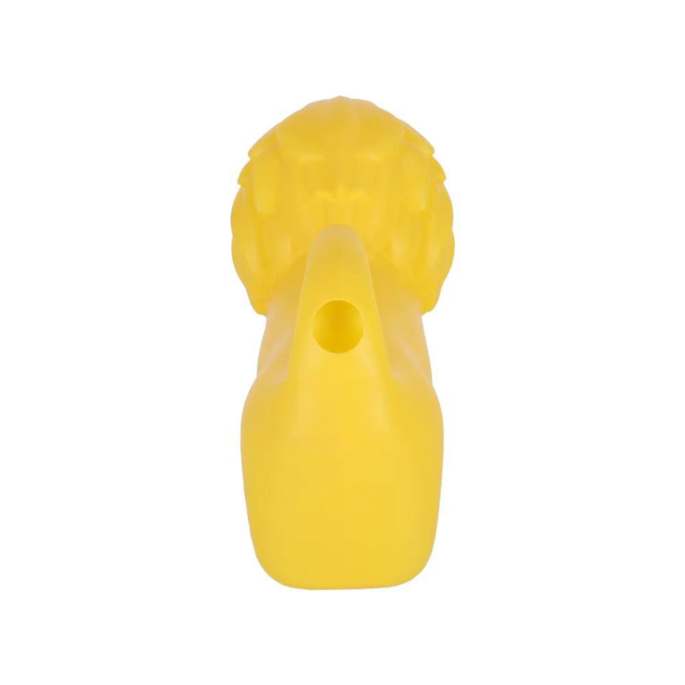 A bright yellow plastic lion-shaped pipe with a sculpted lion head and a central mouthpiece hole, shown against a plain white background.