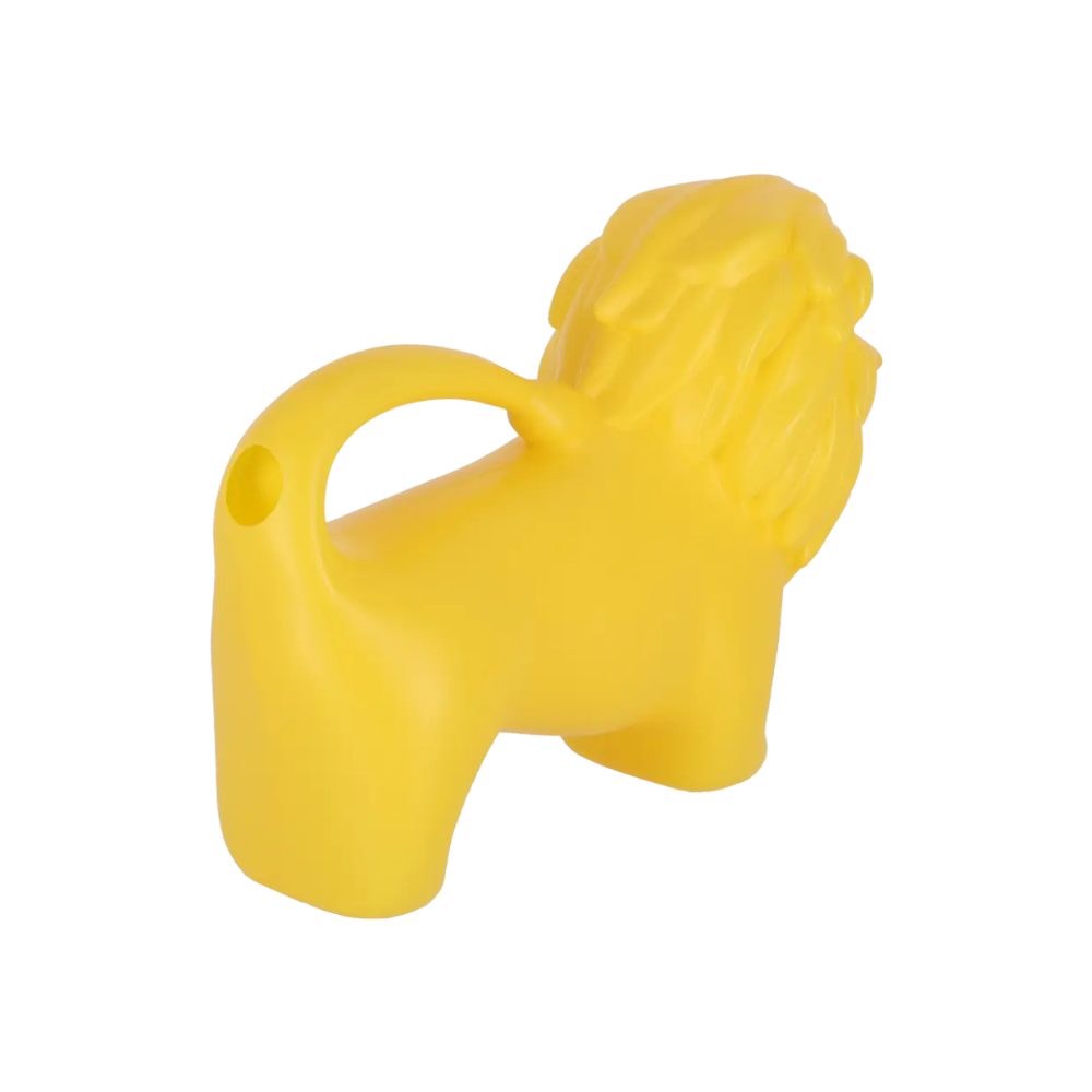 A bright yellow plastic lion-shaped object with a mane and a loop handle, shown on a plain white background.