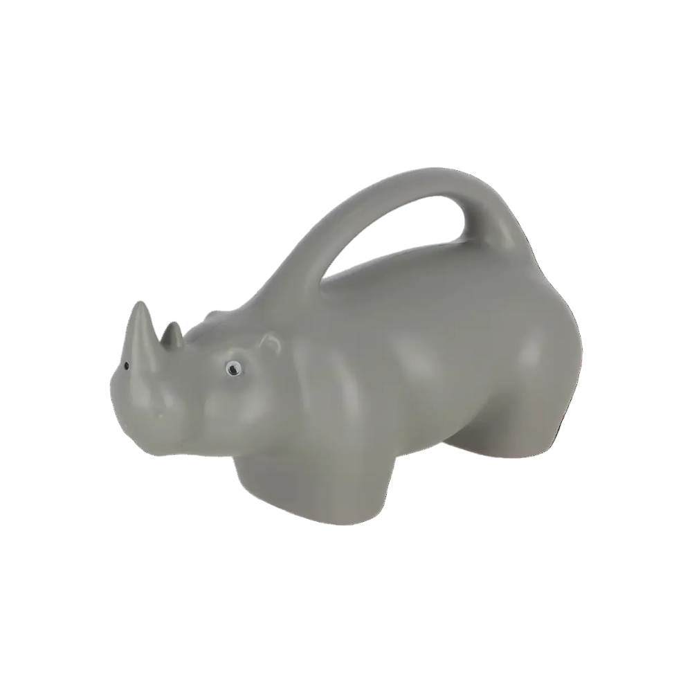 A gray plastic toy or container shaped like a rhinoceros, featuring a handle on its back and small painted eyes, shown against a plain white background.