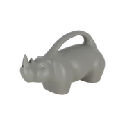 A gray plastic toy or container shaped like a rhinoceros, featuring a handle on its back and small painted eyes, shown against a plain white background.