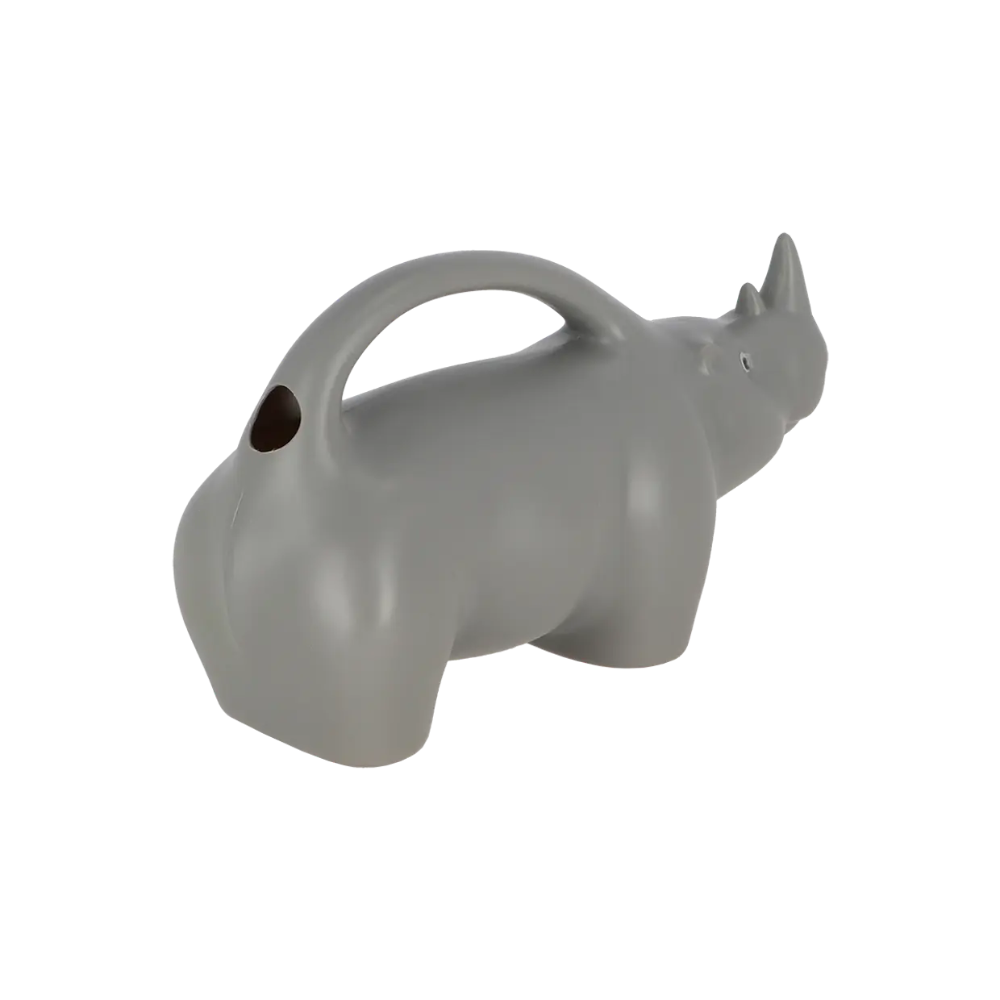 A gray rhinoceros-shaped planter or container with a built-in handle, shown on a plain white background.