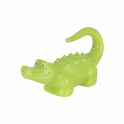 A bright lime green alligator-shaped baby teething toy with a curved tail, photographed on a solid white background.