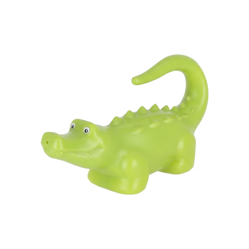 A bright lime green alligator-shaped baby teething toy with a curved tail, photographed on a solid white background.