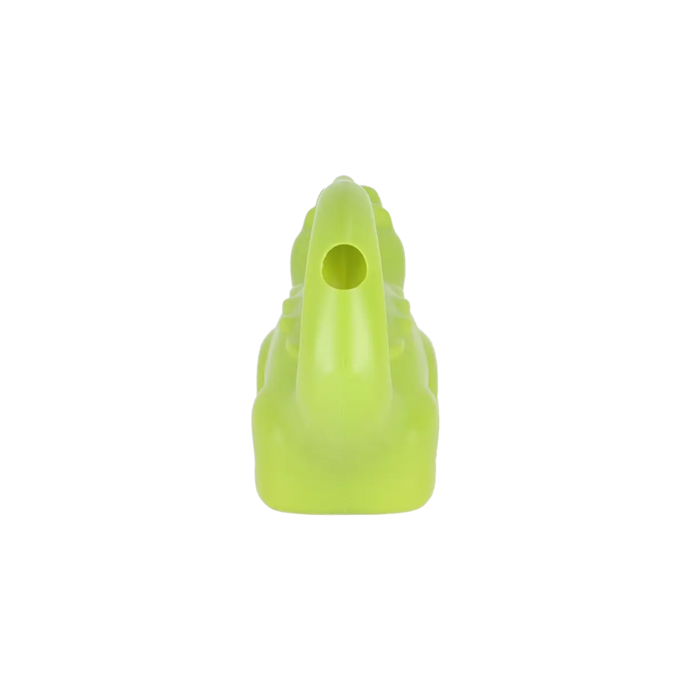 A bright lime green plastic watering can viewed from the back, centered on a solid white background.