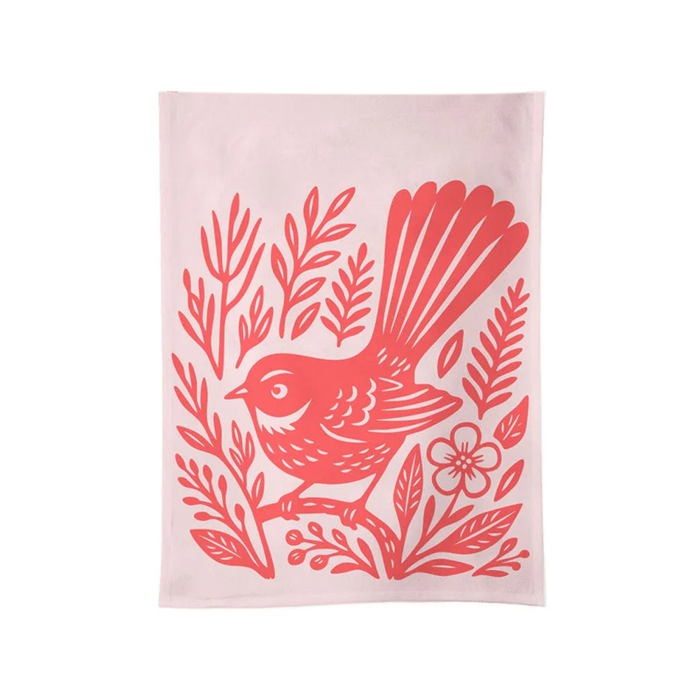 100% NZ Tea Towel Woodcut Fantail