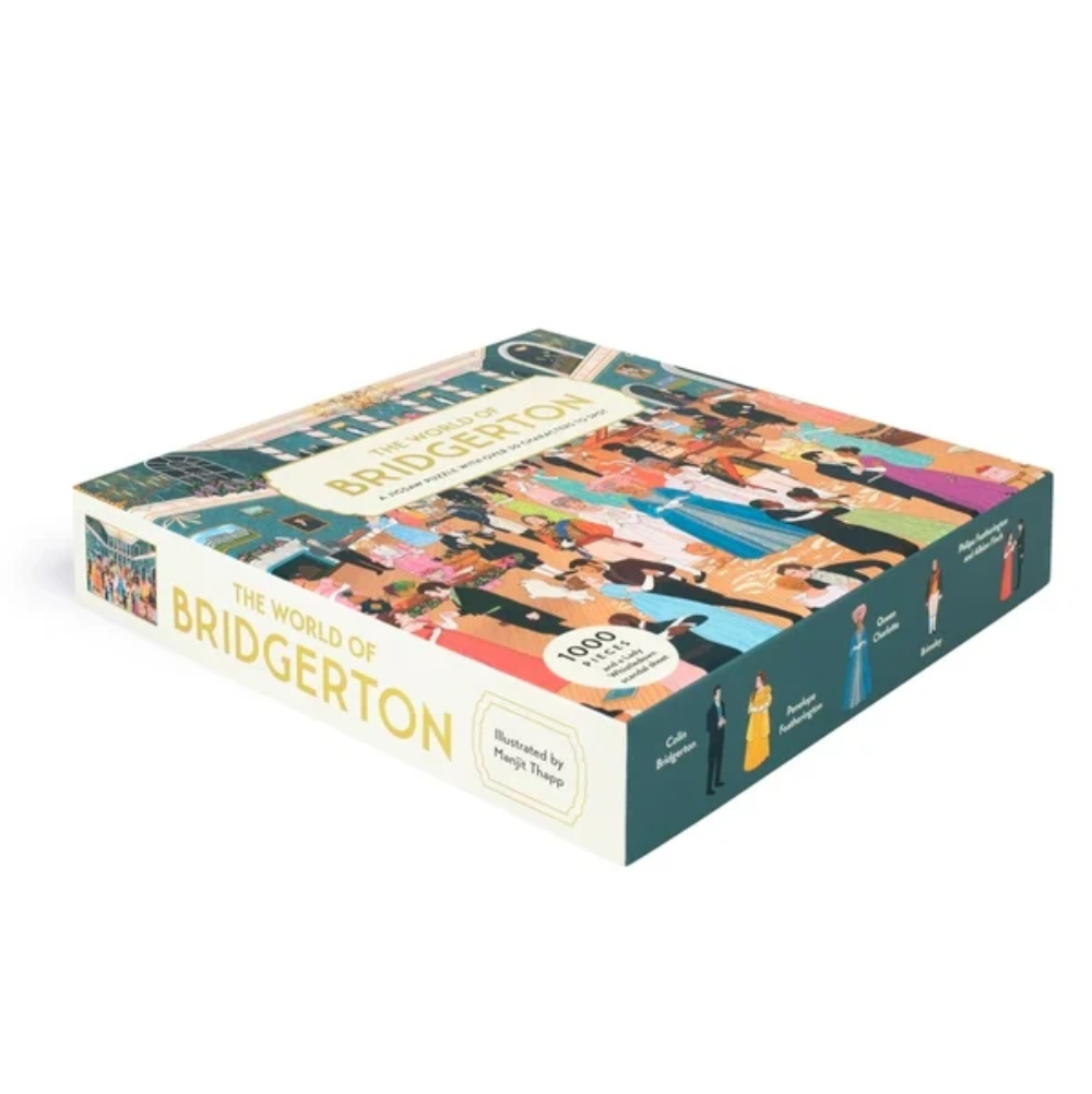 The World of Bridgerton board game box by Studio Design Studios, featuring a colorful vintage illustration of characters on the cover and spine, set against a plain white background.