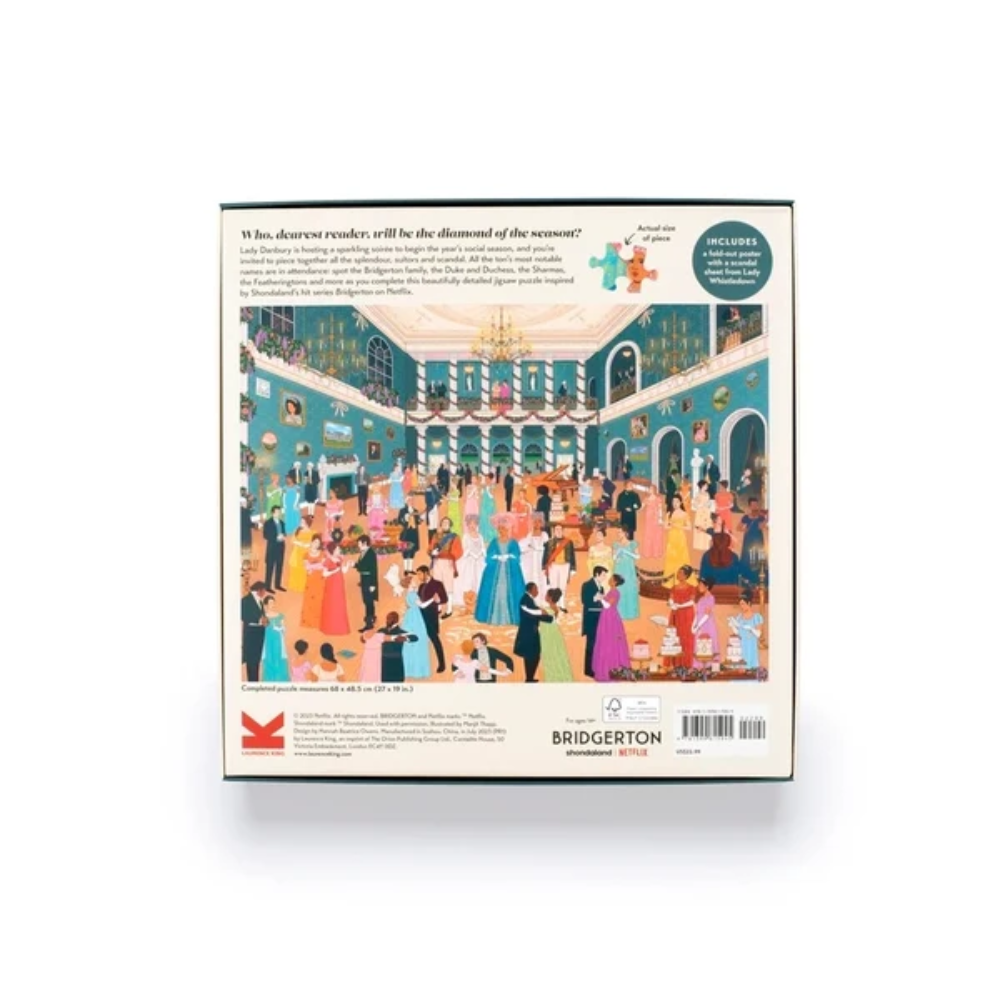The back cover of the Bridgerton 1000-piece jigsaw puzzle, featuring a colorful illustration of a grand ballroom scene with people in formal attire. The white box is shown against a clean white background.