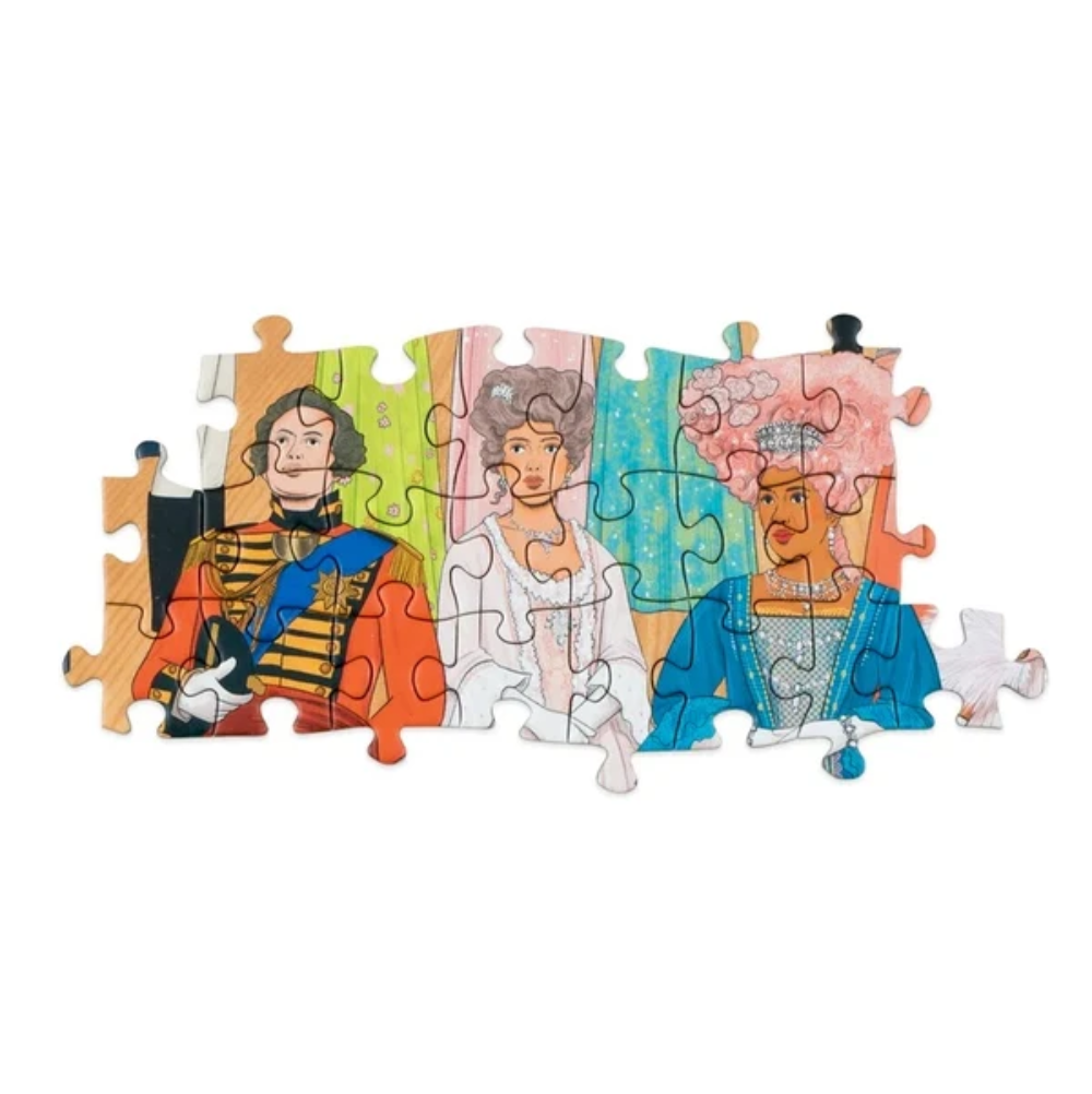 A colorful jigsaw puzzle featuring three illustrated historical figures in ornate period costumes, shown assembled on a plain white background.