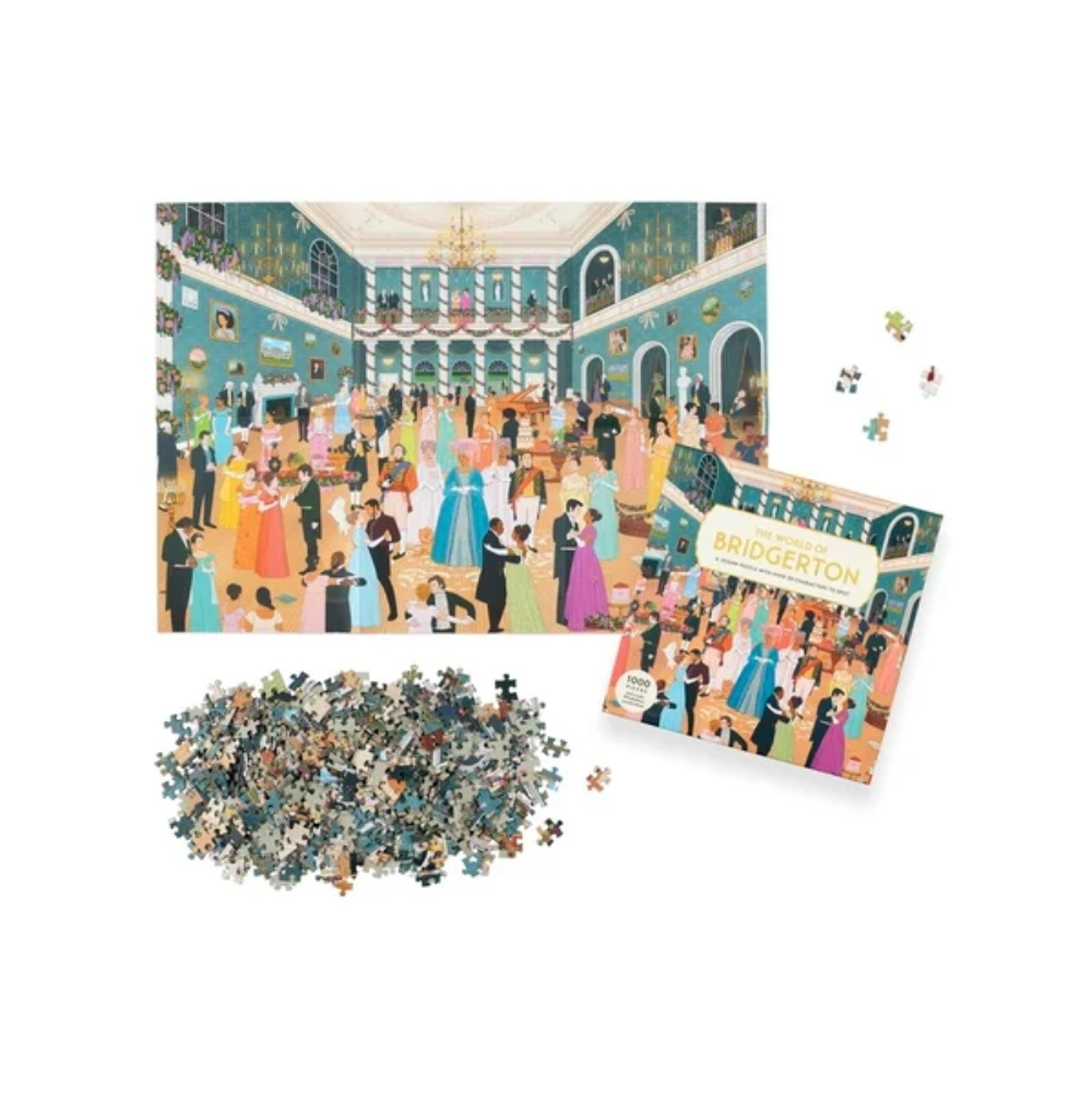 A Bridgerton-themed jigsaw puzzle set shown on a white background, including a completed illustration of a ballroom scene, the puzzle box, a pile of loose puzzle pieces, and a few loose pieces scattered nearby.