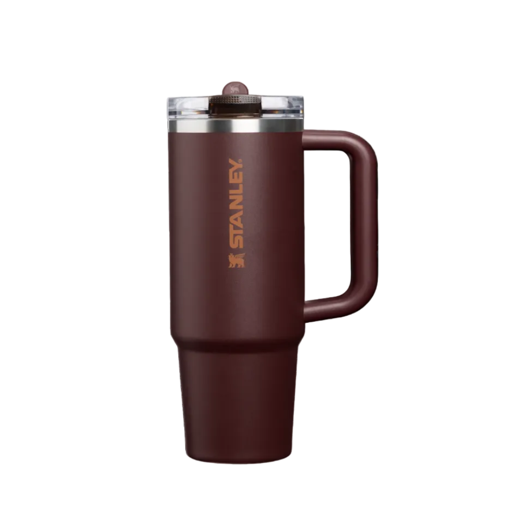 Brown Stanley mug with handle on a white background
