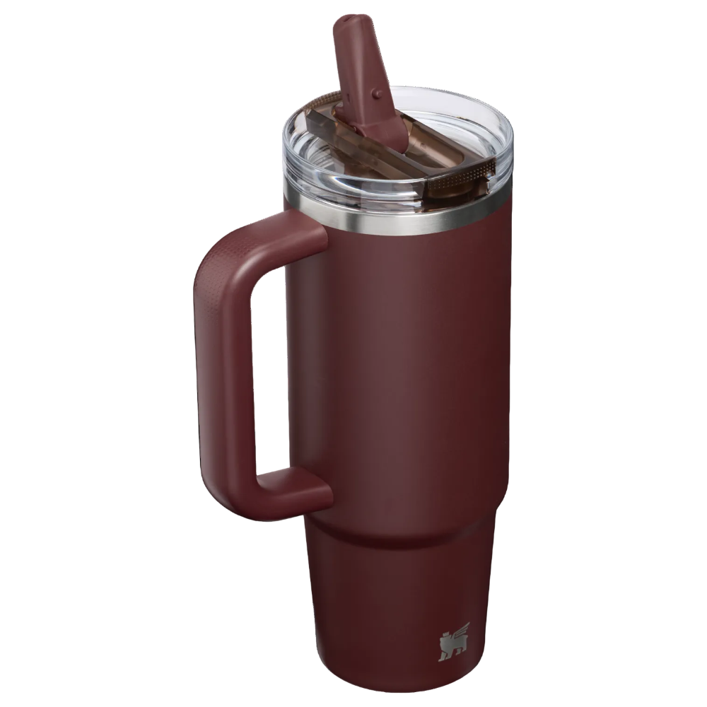 Maroon insulated mug with handle on a white background