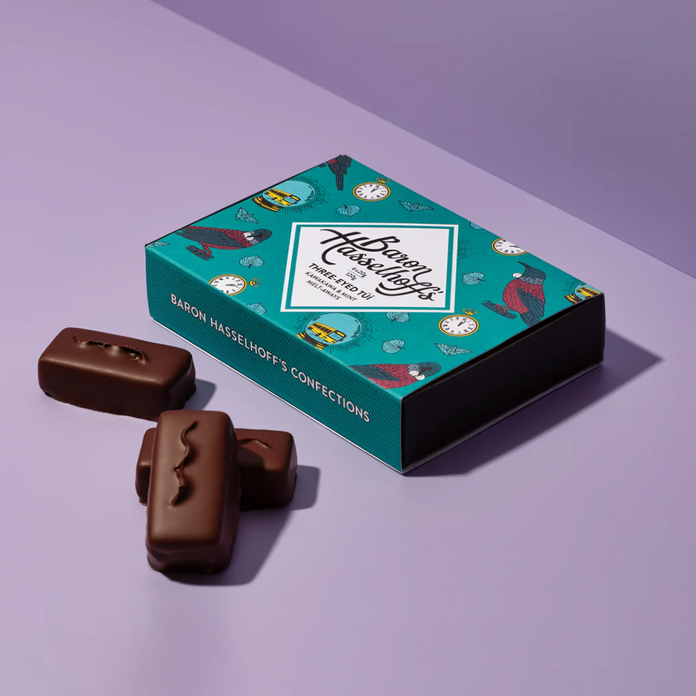 Baron Hasselhoff's Chocolate Three Eyed Tūī  Mint & Kawakawa Meltaways Pack of 6
