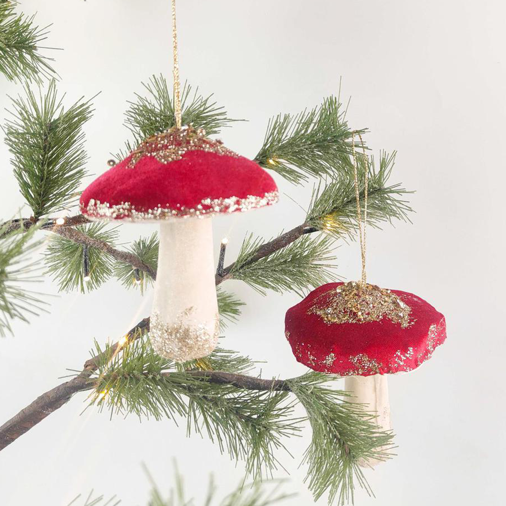 Hanging Christmas Velvet Glitter Toadstool Decoration