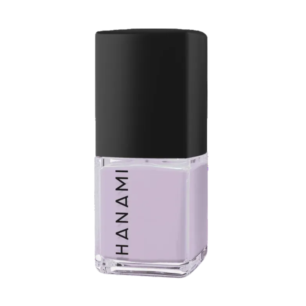 Lavender nail polish bottle with black cap on a white background