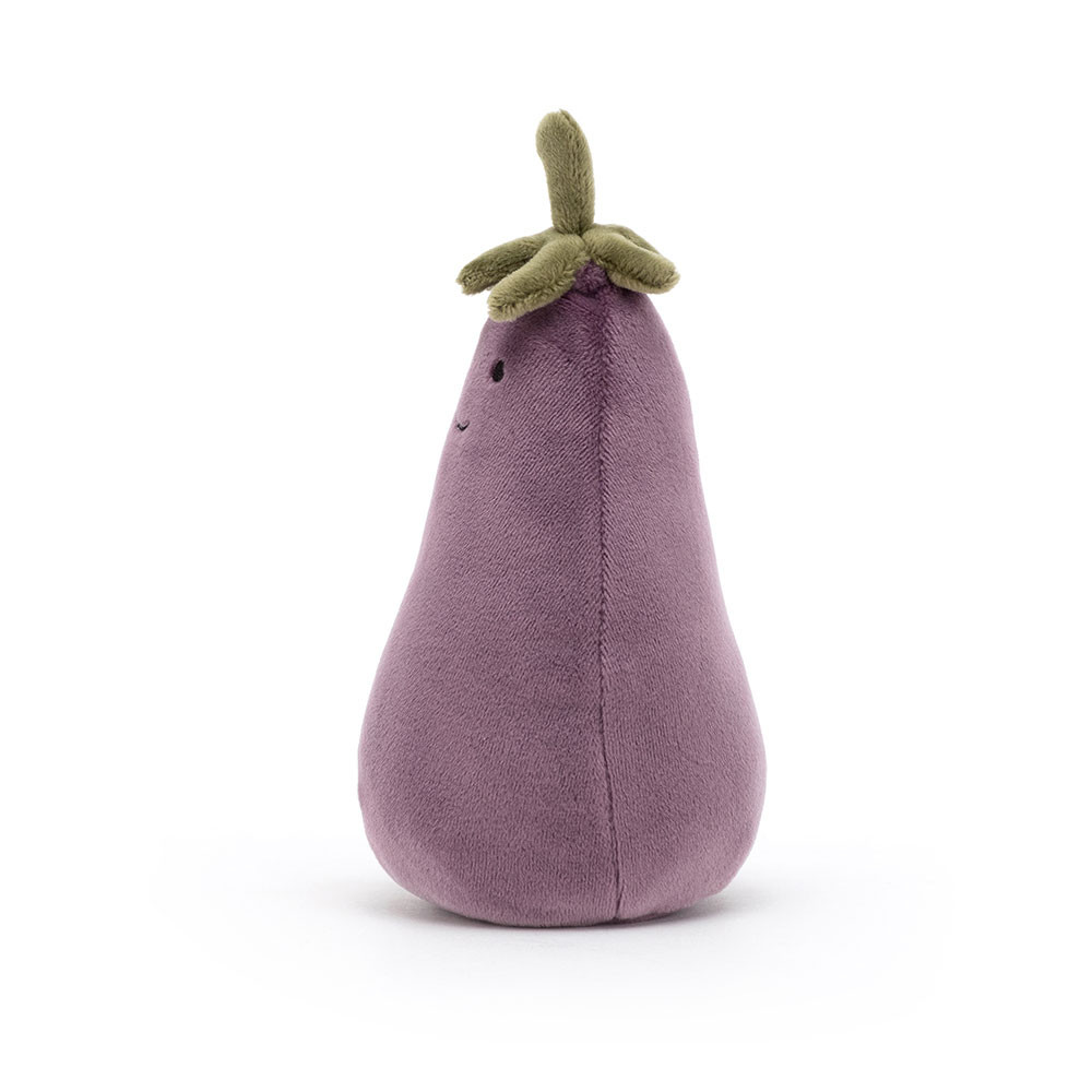 Plush toy shaped like an eggplant on a white background