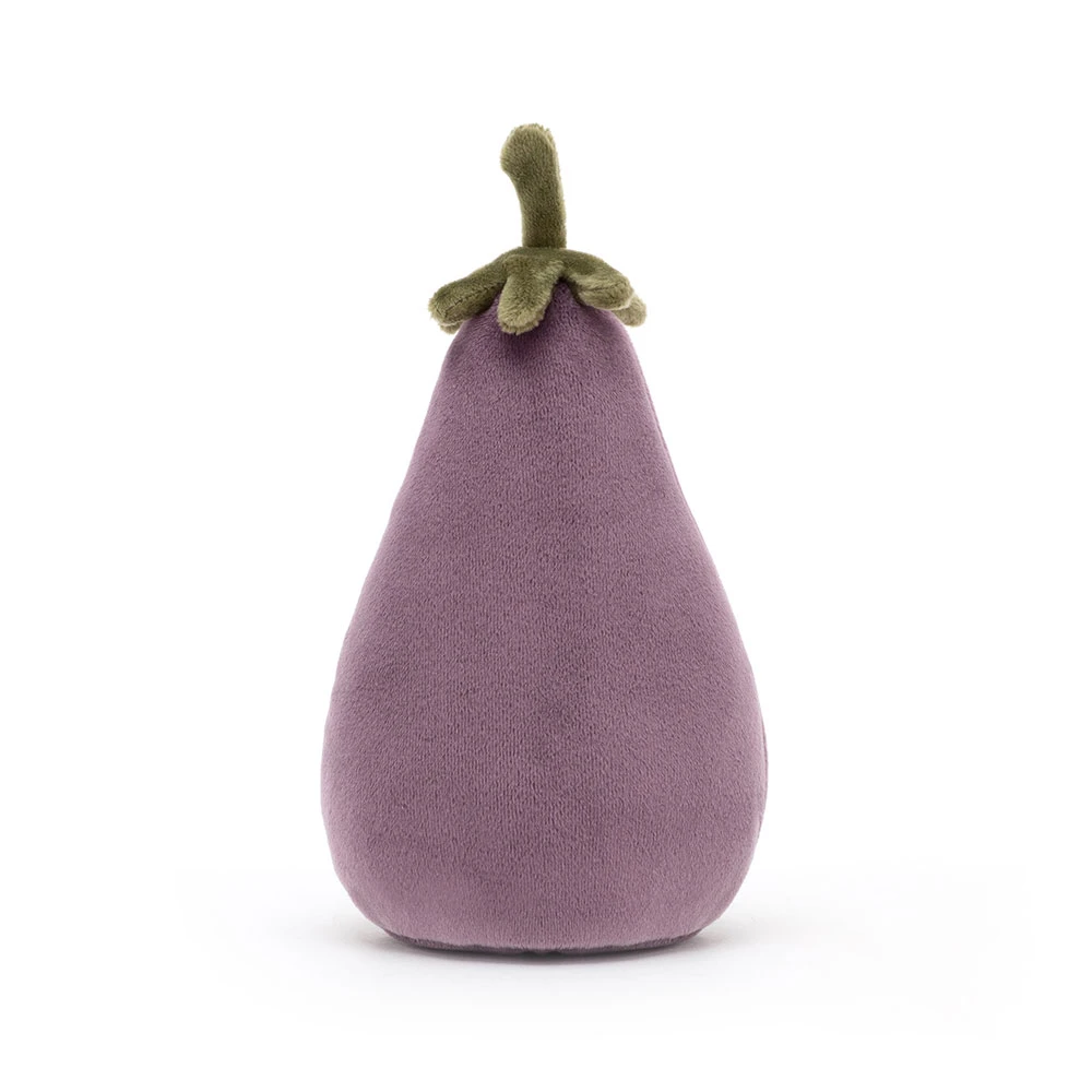 Plush toy shaped like an eggplant on a white background