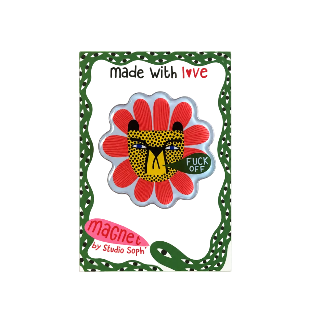 A decorative enamel pin shaped like a flower with a leopard face in the center, mounted on a branded backing card. The pin has red petals, a yellow and black spotted face, and a green badge that reads 'FUCK OFF.