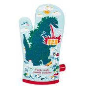 Oven mitt with Godzilla design and text 'Fuck yeah, I made cookies.' on a light blue background