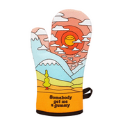 Oven mitt with a scenic design and text on a white background