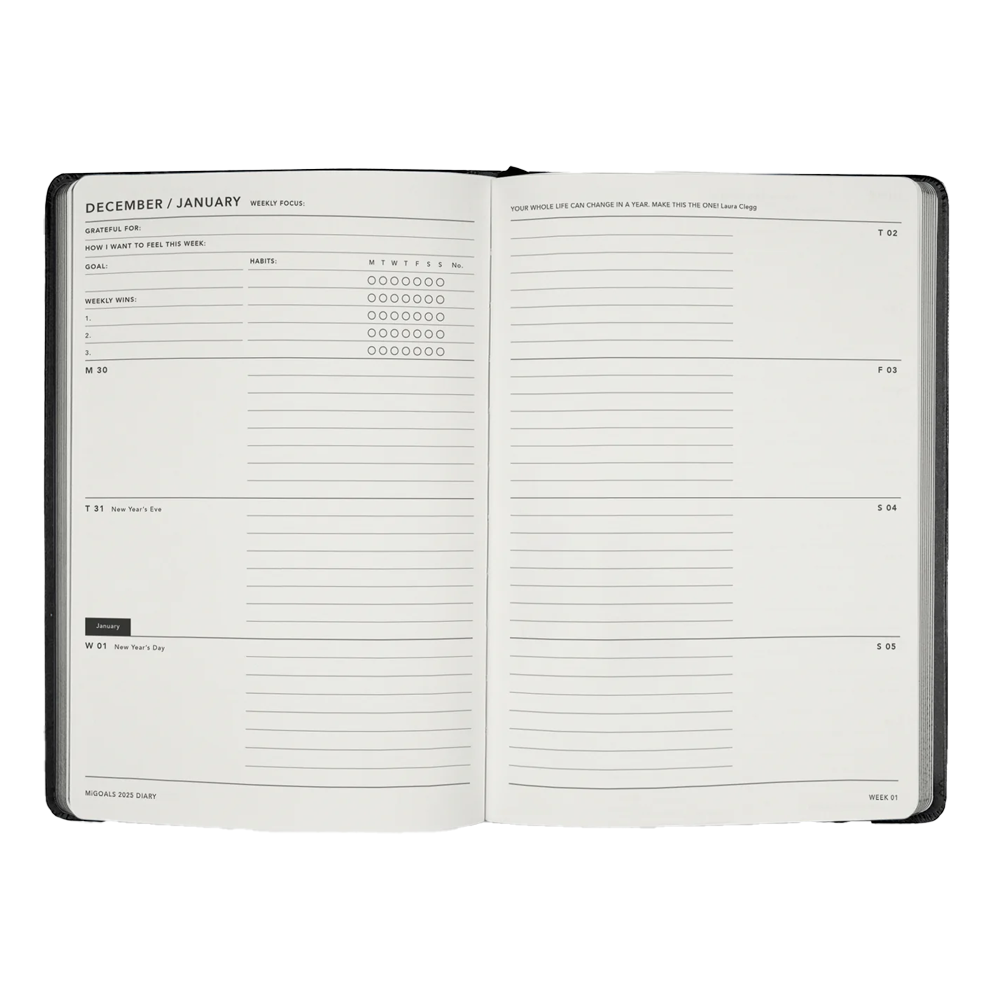 MiGoals 2025 Class Diary Weekly Spread A5 Soft Cover Black