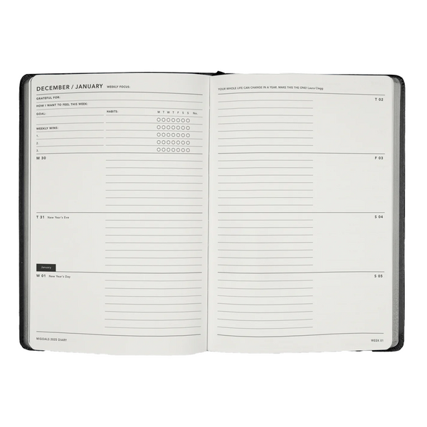 MiGoals 2025 Class Diary Weekly Spread A5 Soft Cover Black