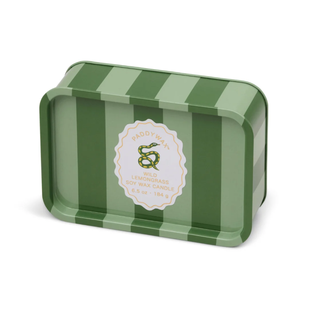 Green striped tin with a label on a white background