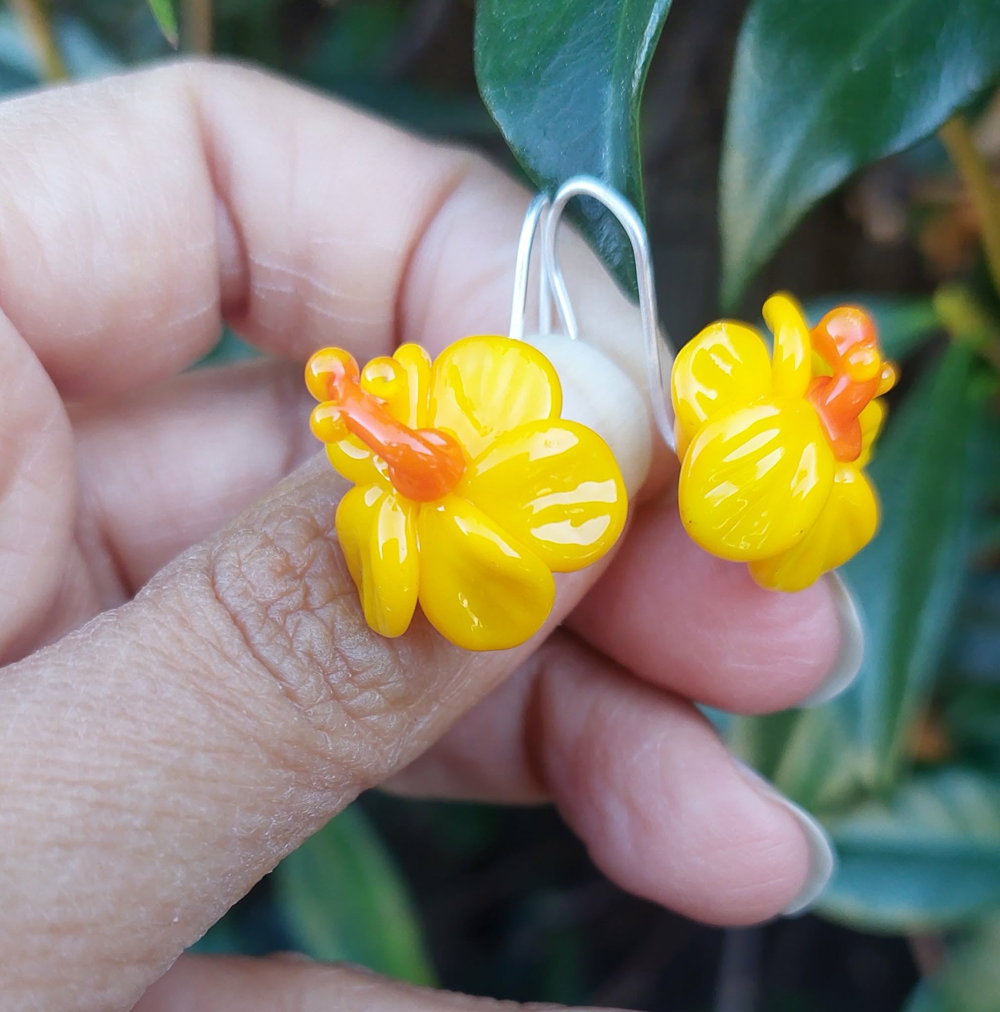 Rainey Designs Glass Hibiscus Earrings Yellow