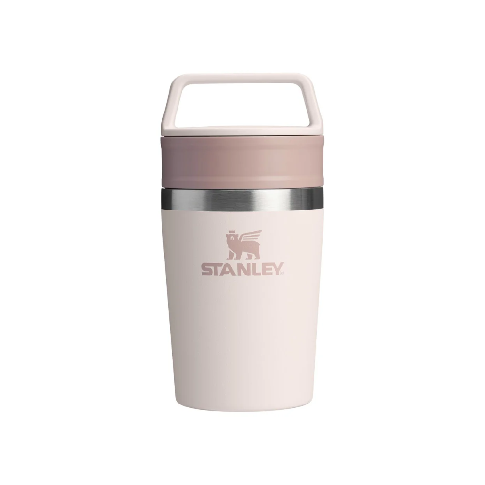 Stanley mug with pink handle on a white background